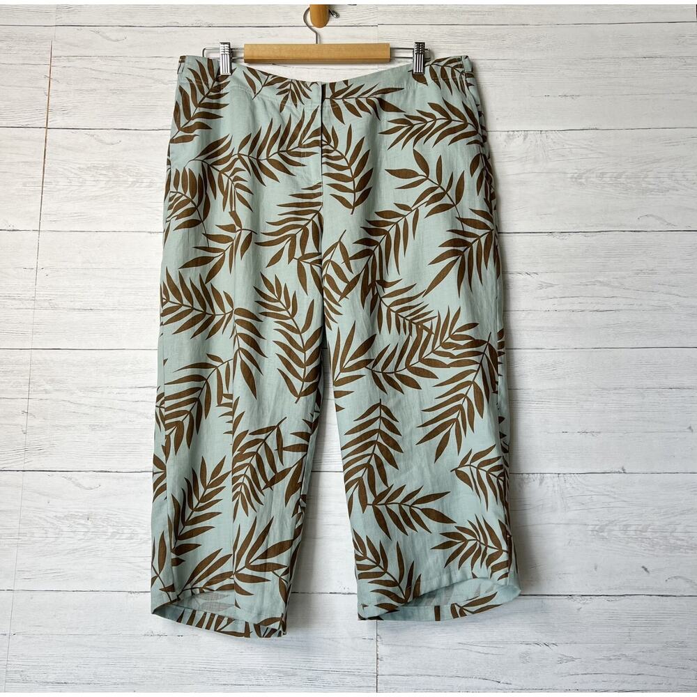 Ralsey Pants Womens Size 14P Teal & Brown Foliage 100% Linen Wide Leg Cropped